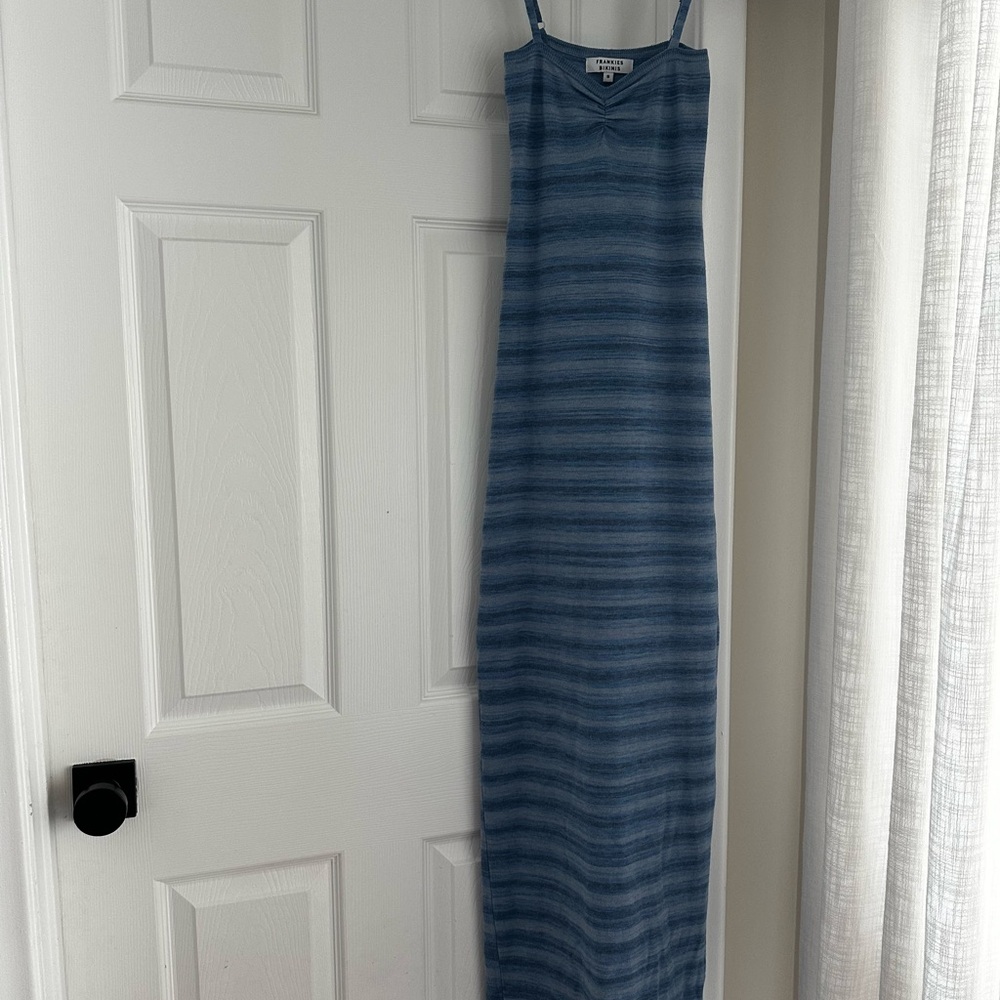Frankie's Bikinis Carmen Lightweight Knit Blue Striped Maxi Dress size S